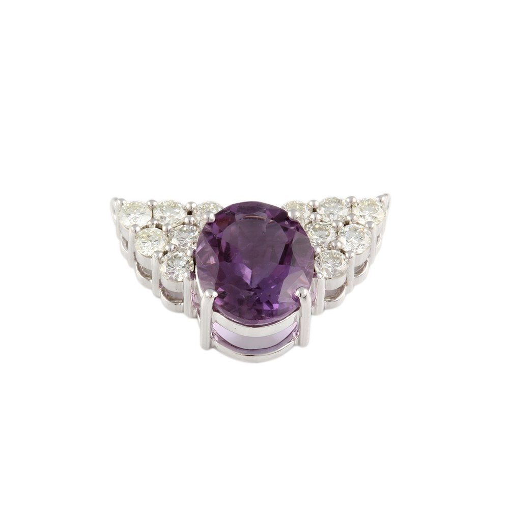 9ct White Gold 1.22ct Round Brilliant Cut Diamond and 4.22ct Oval Amethyst Cluster Pendant