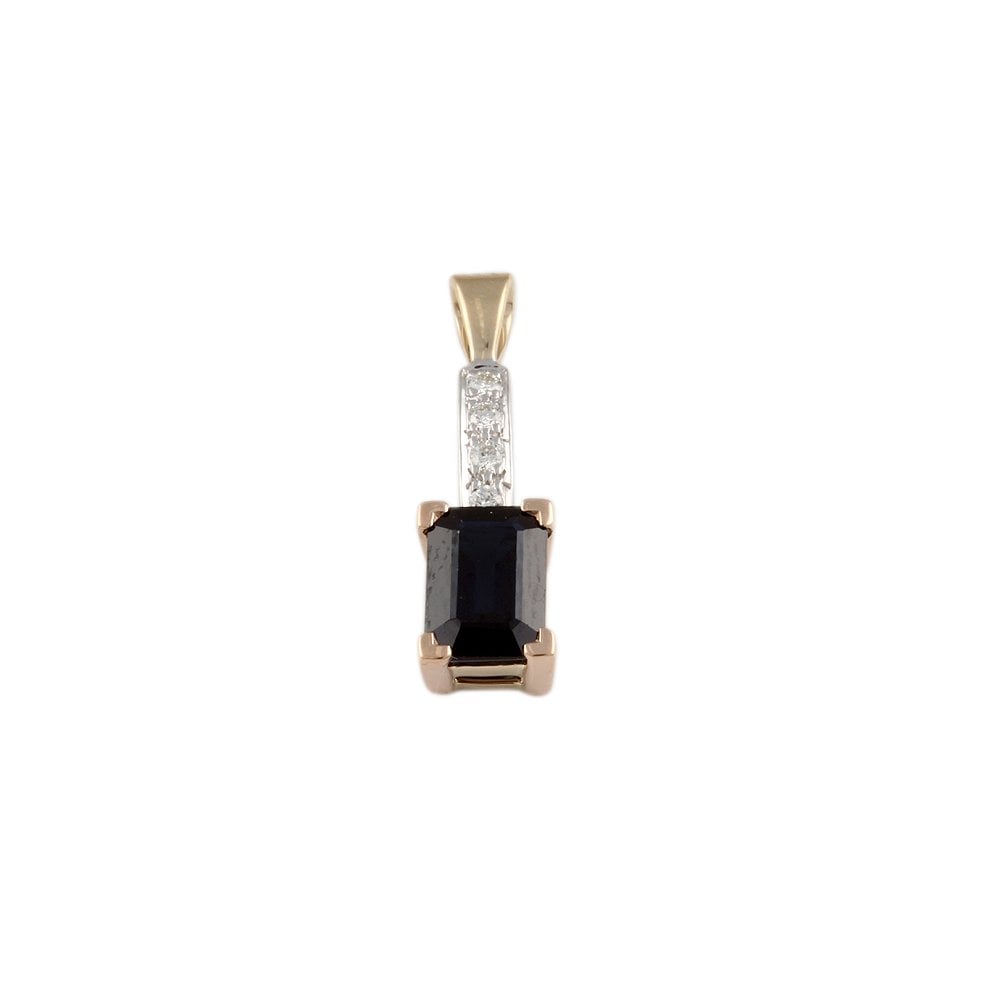 9ct Yellow and White Gold 0.04ct Round Brilliant and 1.05ct Emerald Cut Blue Sapphire Drop Pendant