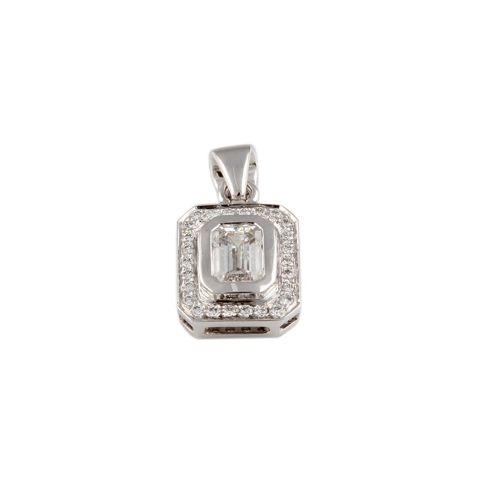 9ct White Gold 0.10ct Round Brilliant Cut and 0.50ct Emerald Cut Diamonds Cluster Pendant