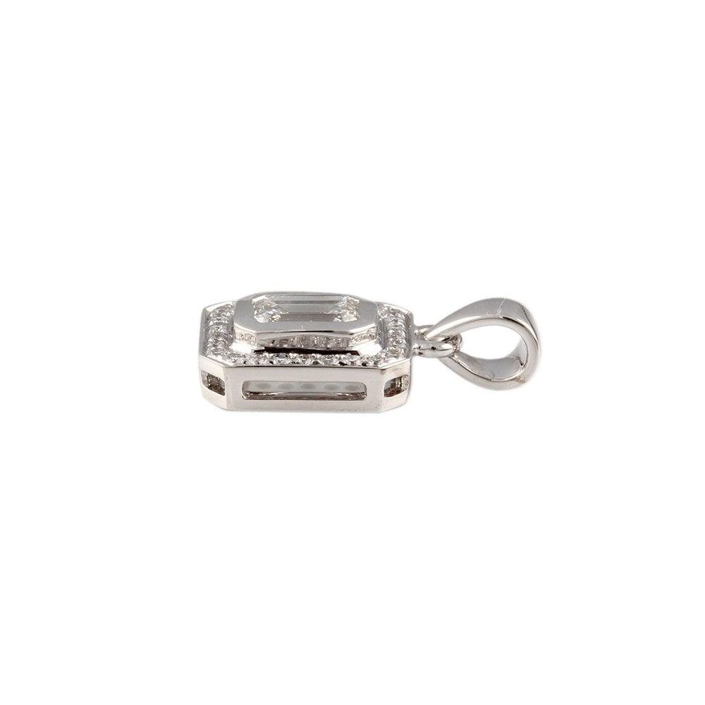 9ct White Gold 0.10ct Round Brilliant Cut and 0.50ct Emerald Cut Diamonds Cluster Pendant