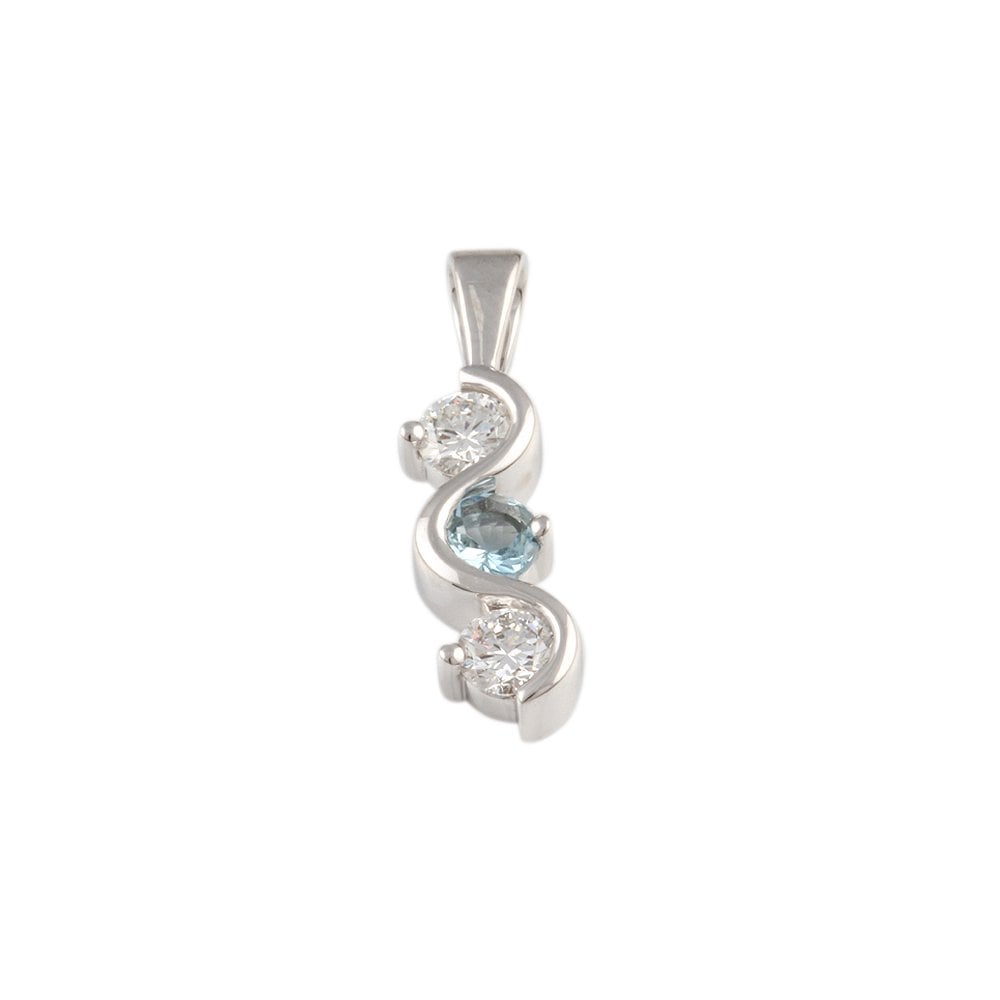 9ct White Gold 0.48ct Round Brilliant and 0.23ct Round Aquamarine Three Stone Pendant