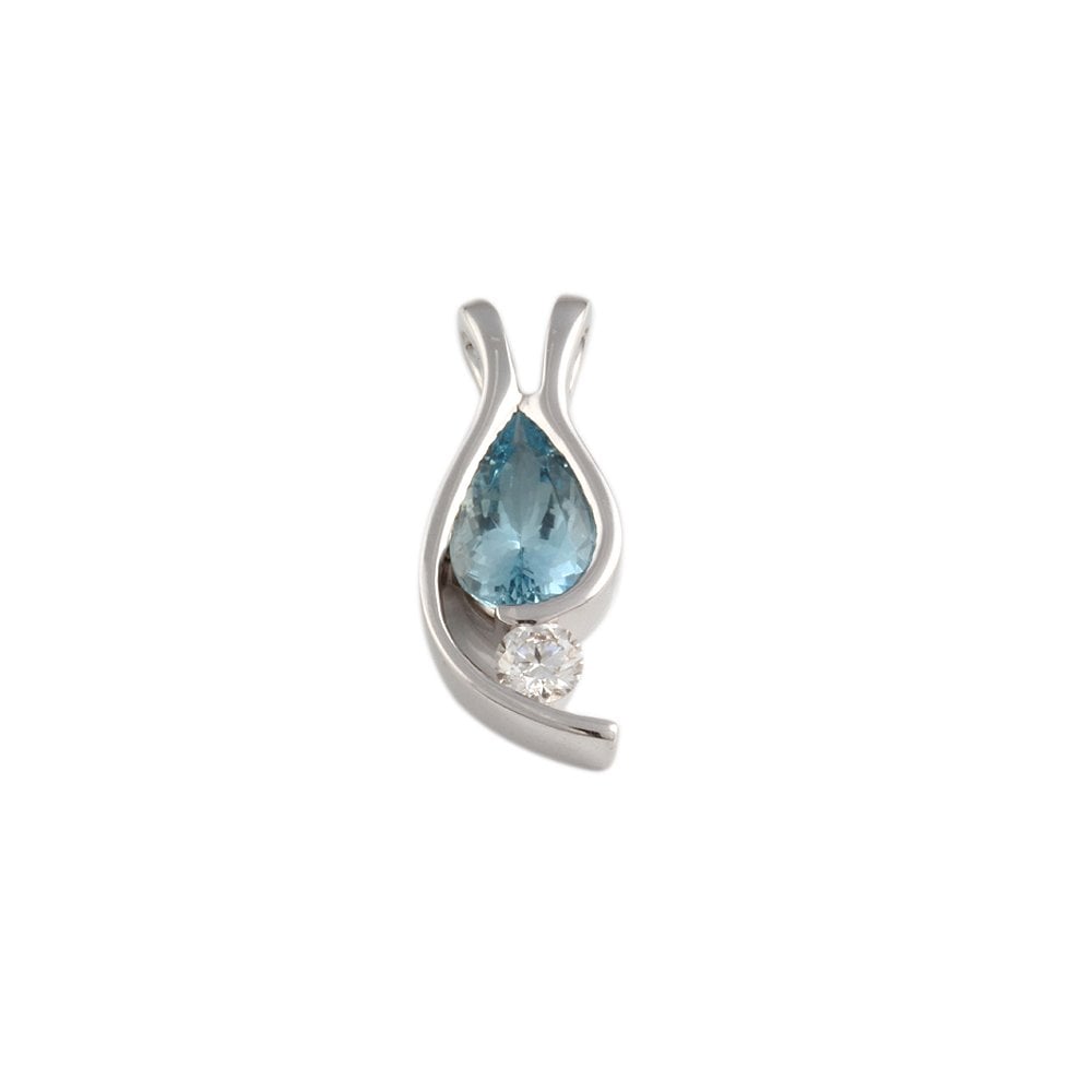 9ct White Gold 0.19ct Round Brilliant and 1.14ct Pear Shaped Aquamarine Two Stone Pendant
