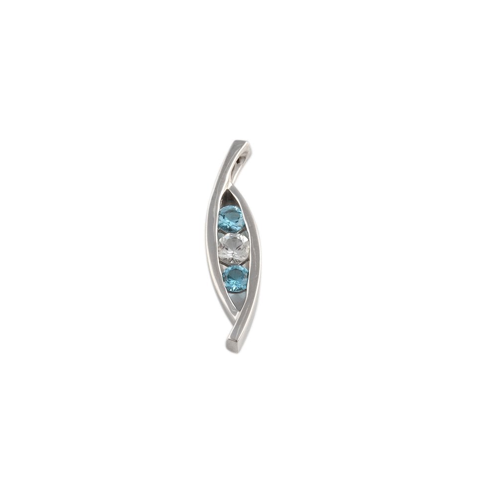 9ct White Gold 0.33ct Round White Sapphire and 0.36ct Round Blue Topaz Three Stone Pendant