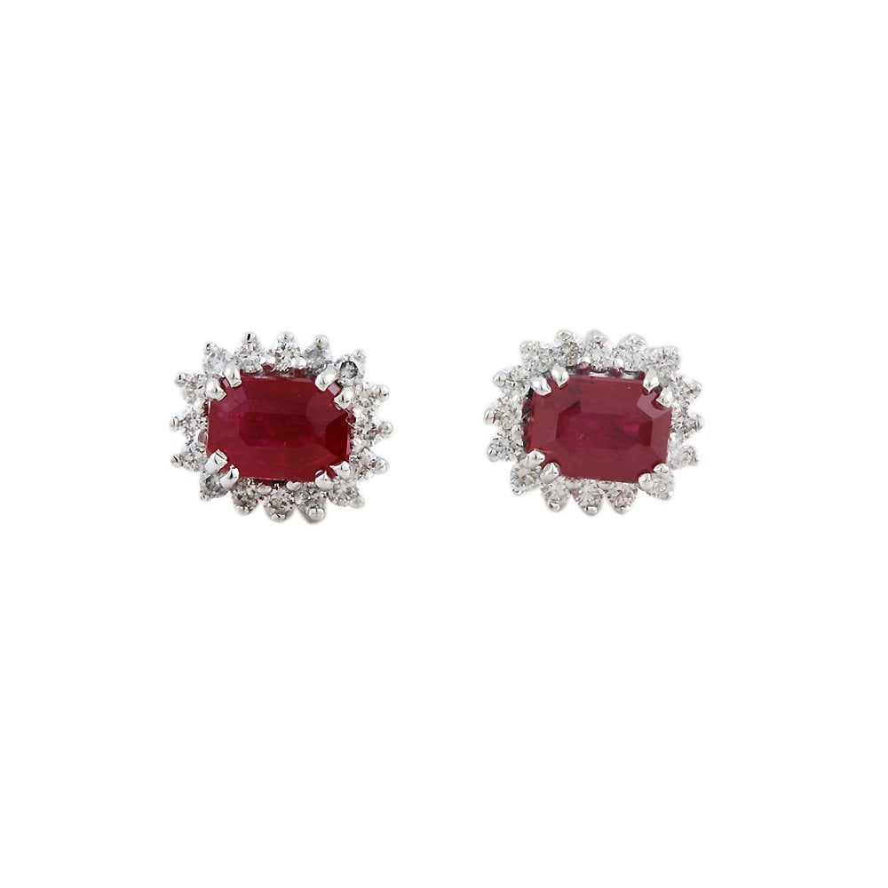 9ct White Gold 0.34ct Round Brilliant Cut Diamond and 1.80ct Oval Ruby Cluster Earrings