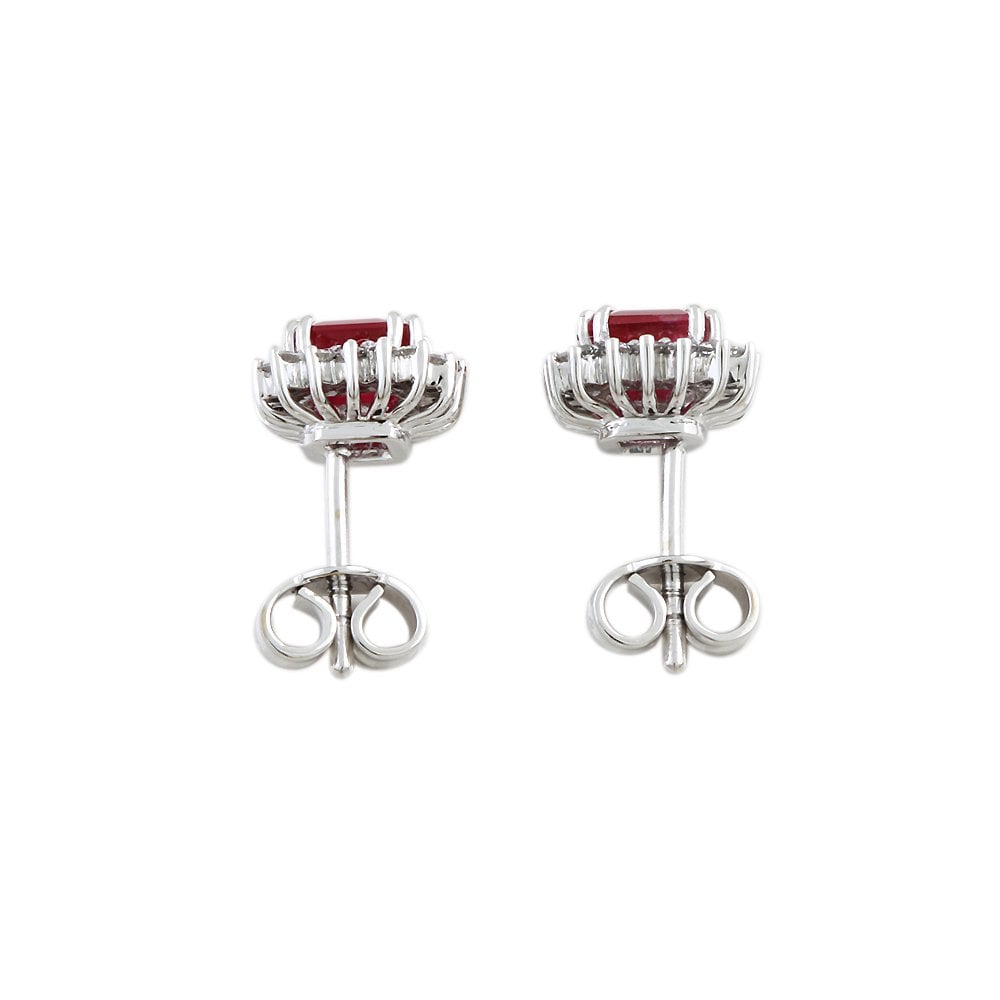 9ct White Gold 0.34ct Round Brilliant Cut Diamond and 1.80ct Oval Ruby Cluster Earrings