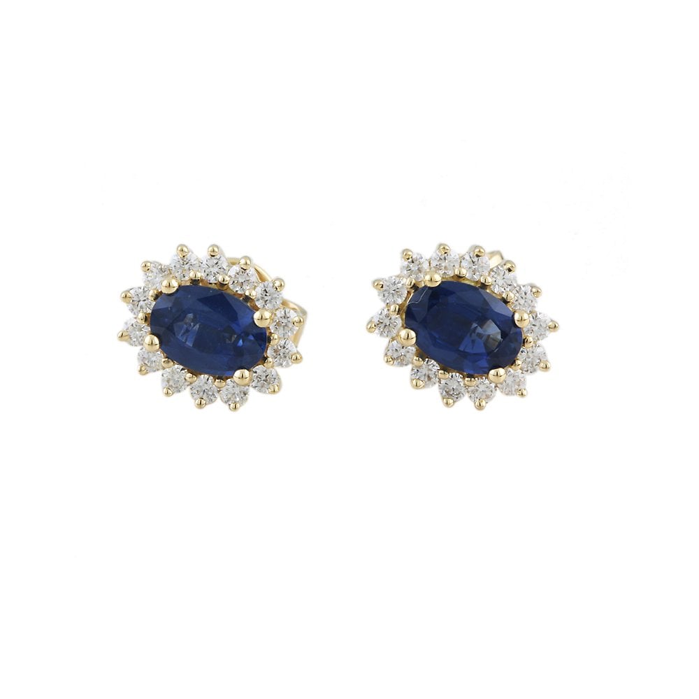 9ct Yellow Gold 0.49ct Round Brilliant Cut Diamond and 1.57ct Oval Sapphire Cluster Earrings