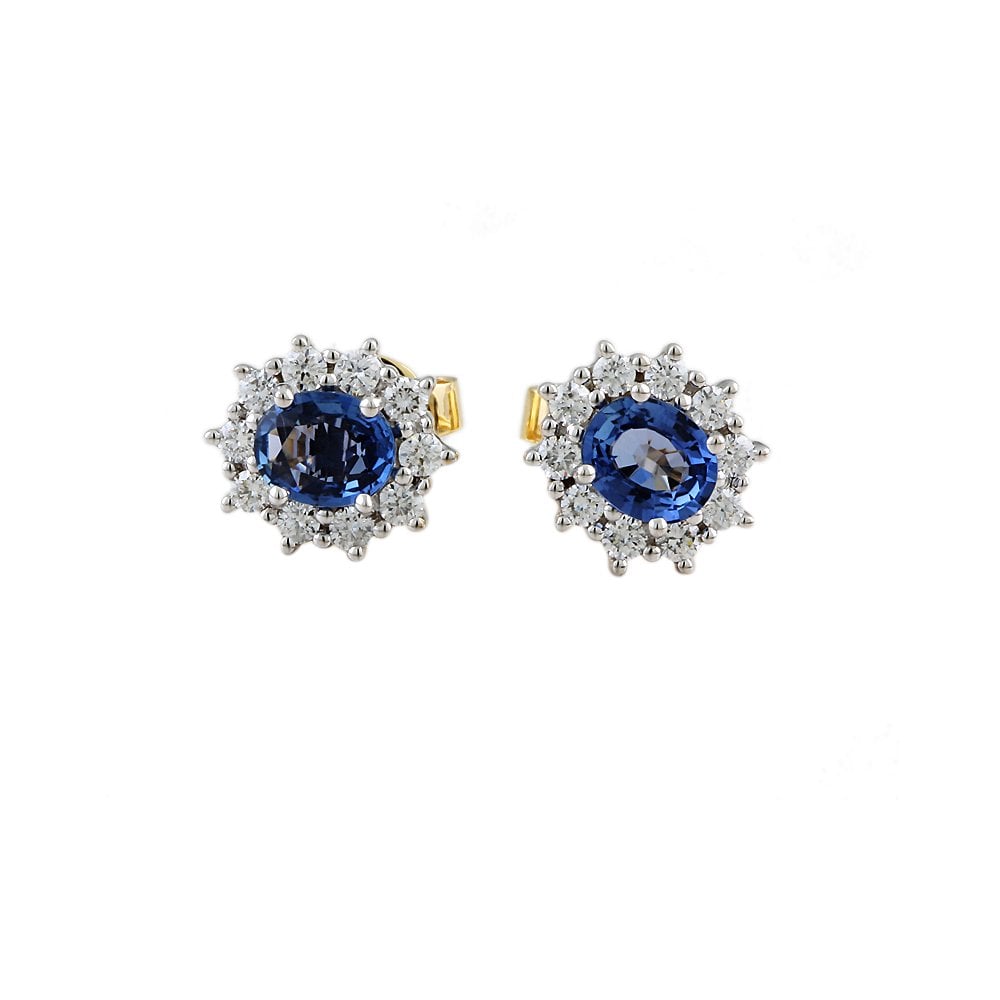 9ct Yellow White Gold 0.42ct Round Brilliant Cut Diamond and 1.05ct Oval Sapphire Cluster Earrings