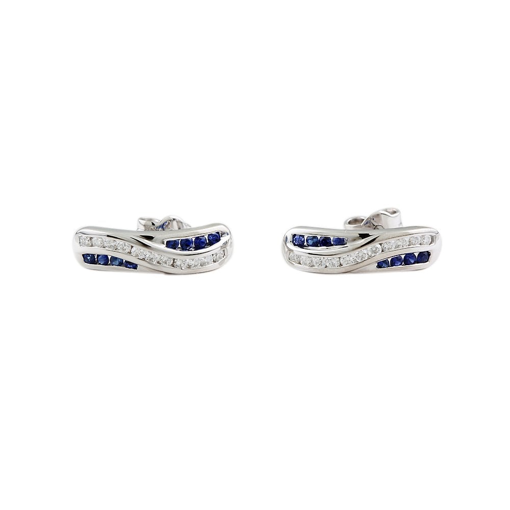 9ct White Gold 0.30ct Round Brilliant Cut Diamond and 0.29ct Round Blue Sapphire Half Hoop Earrings