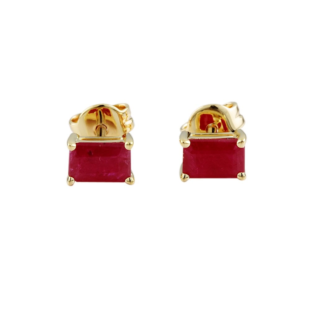 9ct Yellow Gold 0.80ct Emerald Shaped Ruby Single Stone Stud Earrings