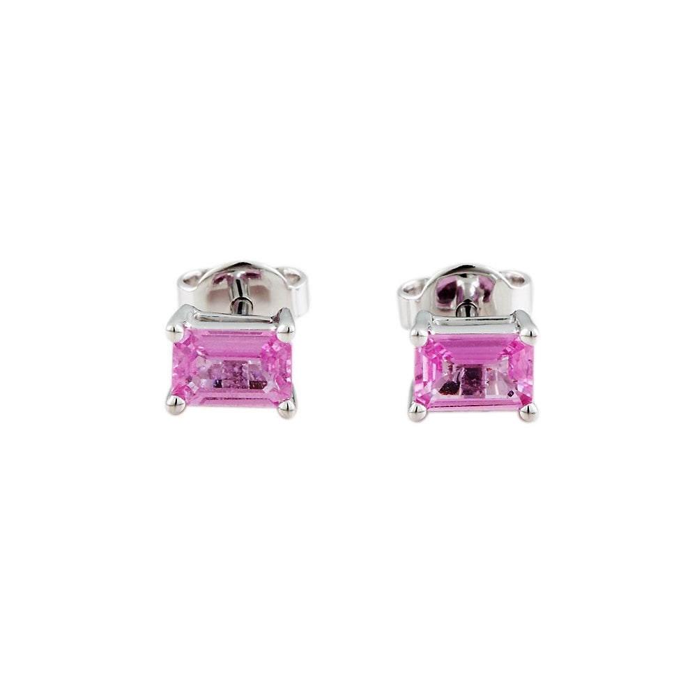 9ct White Gold 1.30ct Emerald Shaped Pink Sapphire Single Stone Stud Earrings