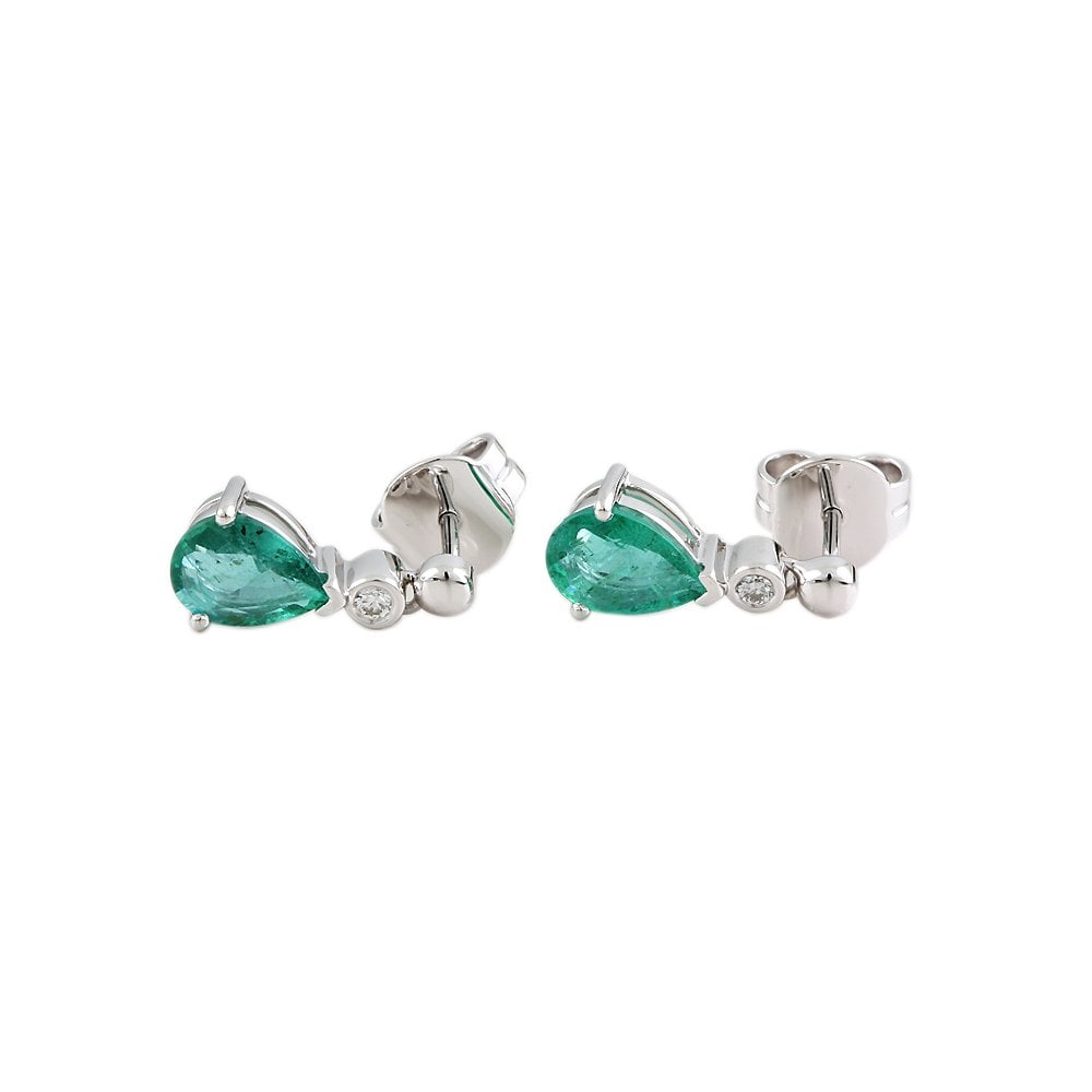 9ct White Gold 0.06ct Round Brilliant Cut Diamond and 1.60ct Pear Emerald Drop Earrings