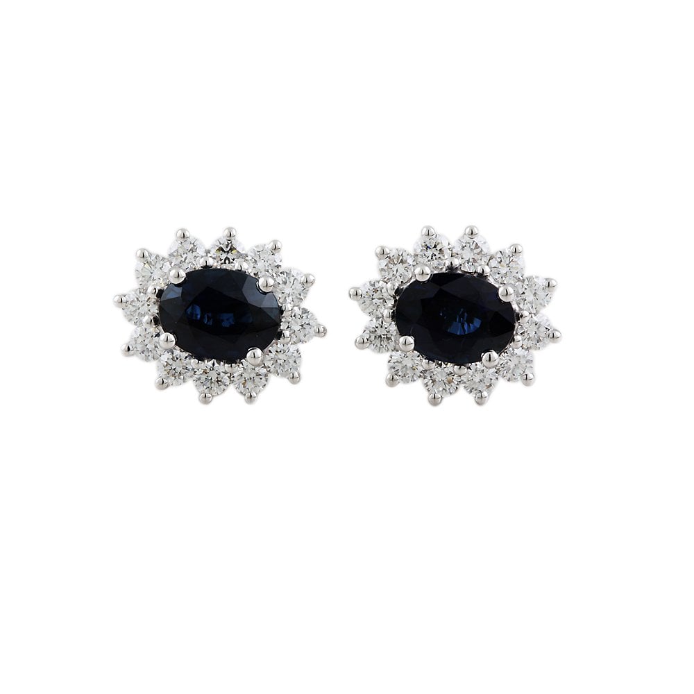 9ct White Gold 1.31ct Round Brilliant Cut Diamond and 3.40ct Oval Blue Sapphire Cluster Stud Earrings