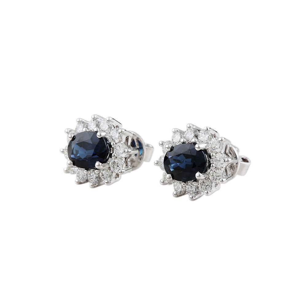 9ct White Gold 1.31ct Round Brilliant Cut Diamond and 3.40ct Oval Blue Sapphire Cluster Stud Earrings
