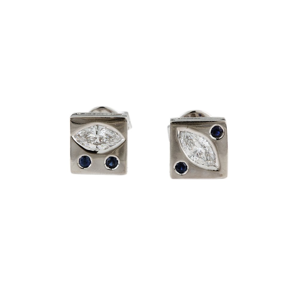 9ct White Gold 0.40ct Marquise Diamond and 0.08ct Round Blue Sapphire Stud Earrings