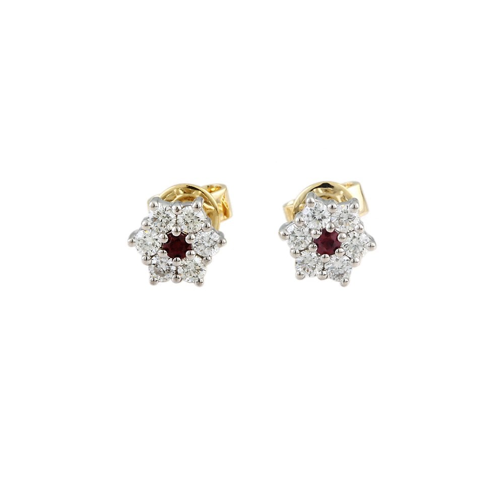 9ct Yellow White Gold 0.45ct Round Brilliant Cut Diamond and 0.06ct Round Ruby Cluster Earrings