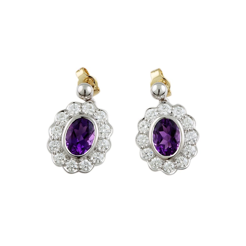 9ct Yellow White Gold 1.19ct Round Brilliant Cut Diamond and 2.34ct Oval Amethyst Cluster Drop Earrings