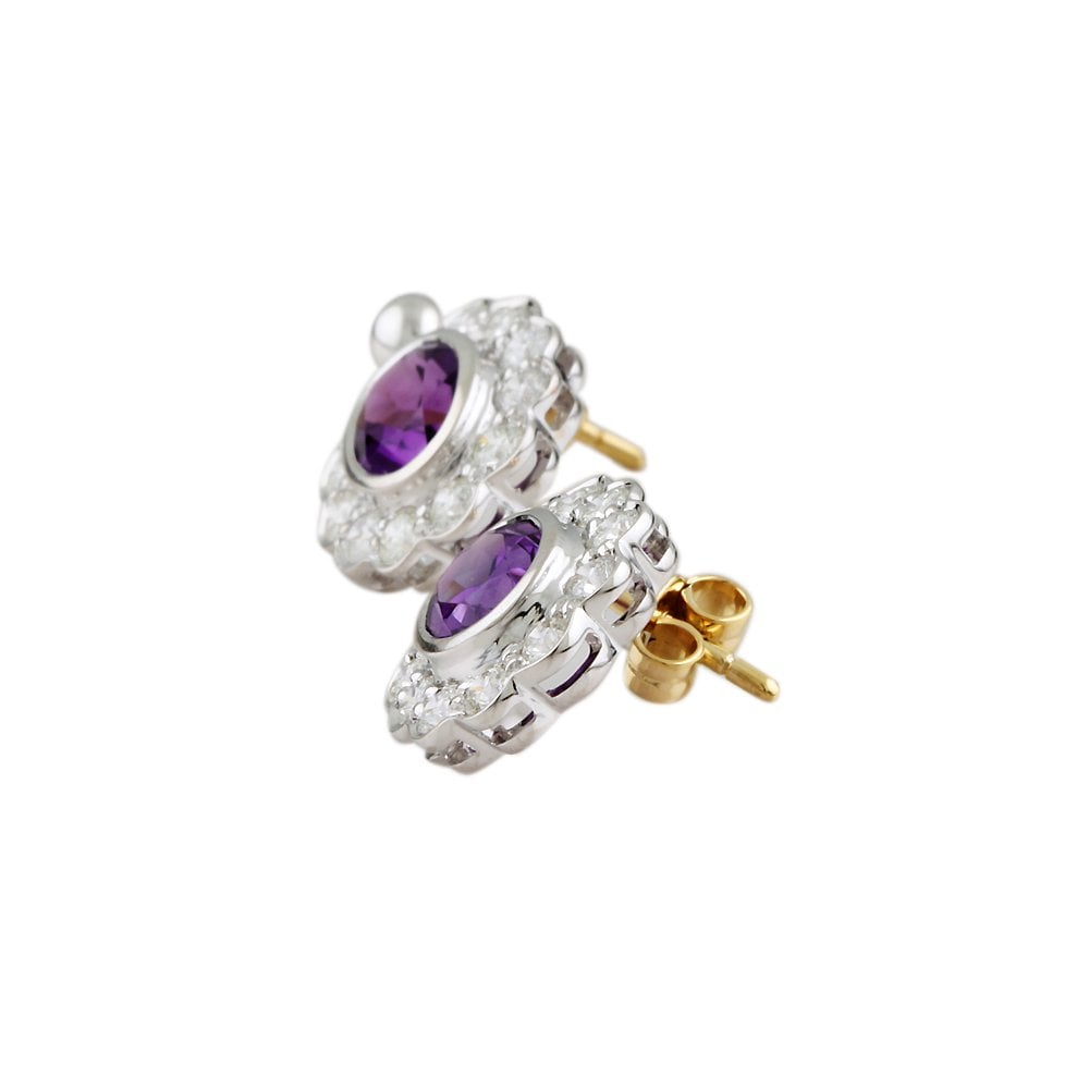 9ct Yellow White Gold 1.19ct Round Brilliant Cut Diamond and 2.34ct Oval Amethyst Cluster Drop Earrings