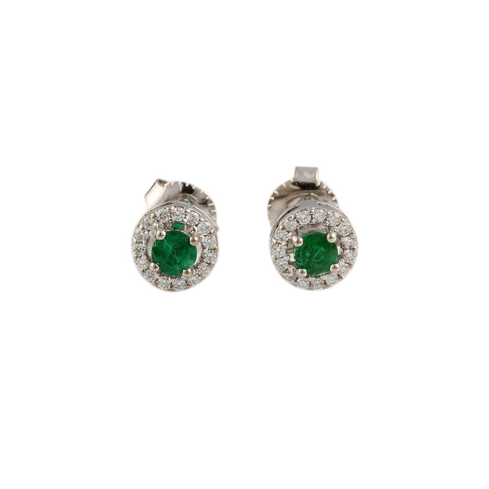 9ct White Gold 0.20ct Round Brilliant Cut Diamond and 0.45ct Round Emerald Cluster Stud Earrings