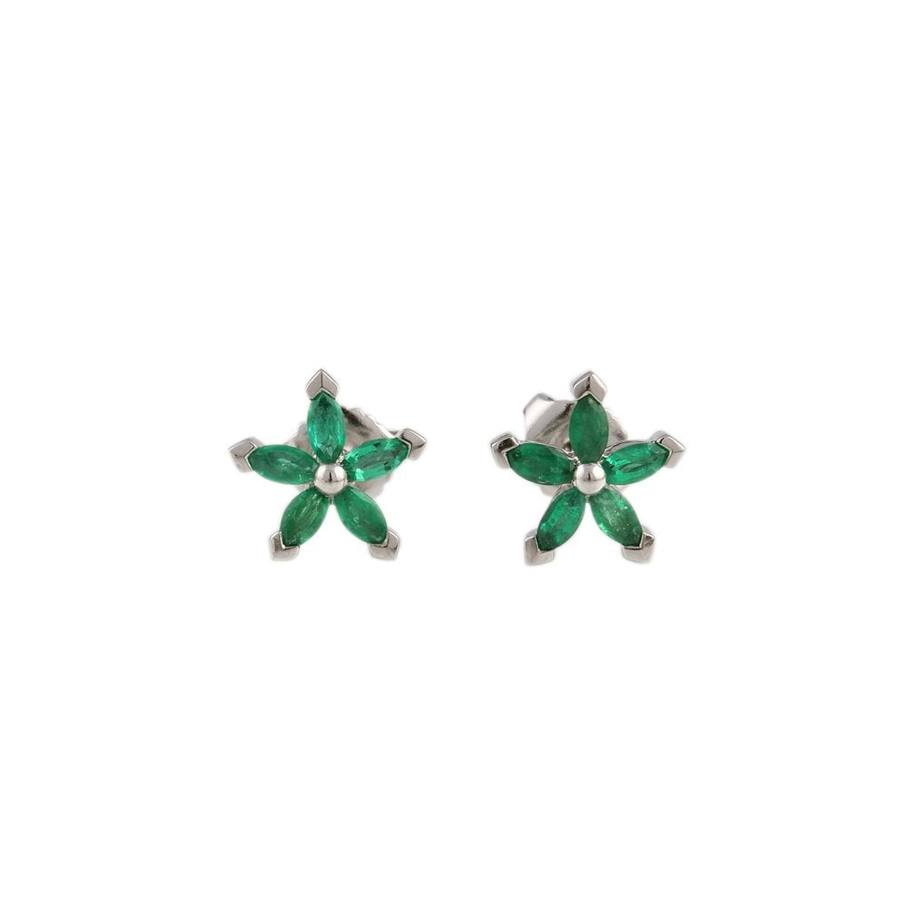 9ct White Gold Marquise Emerald Flower Cluster Earrings 0.70ct