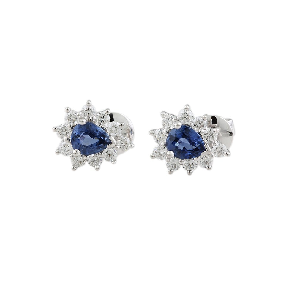 9ct White Gold 0.65ct Round Brilliant Cut Diamond and 1.11ct Oval Blue Sapphire Cluster Stud Earrings