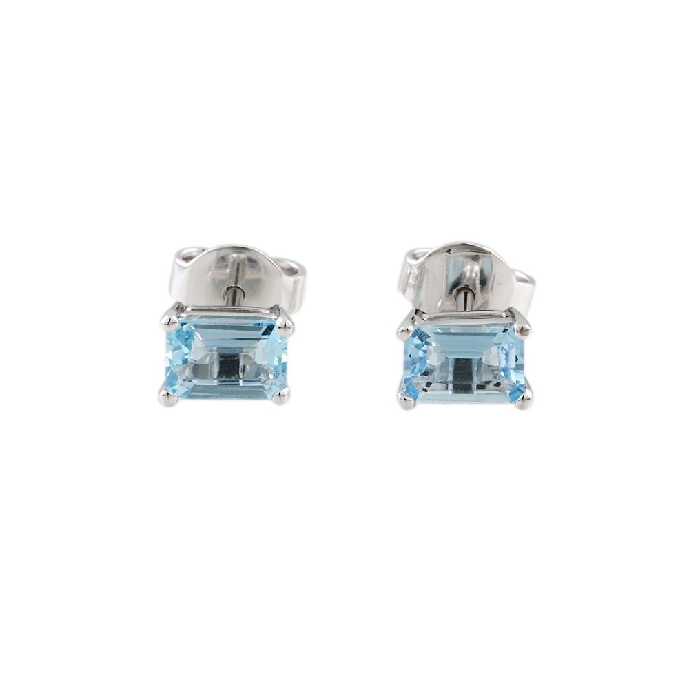 9ct White Gold 1.04ct Emerald Shaped Aquamarine Single Stone Stud Earrings