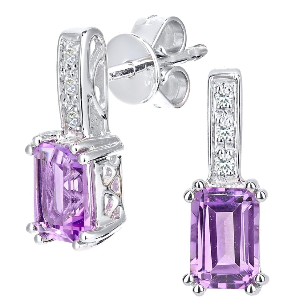 SPARKLD 9ct White Gold Octagon Amethyst and 0.03ct Diamond Drop Earrings