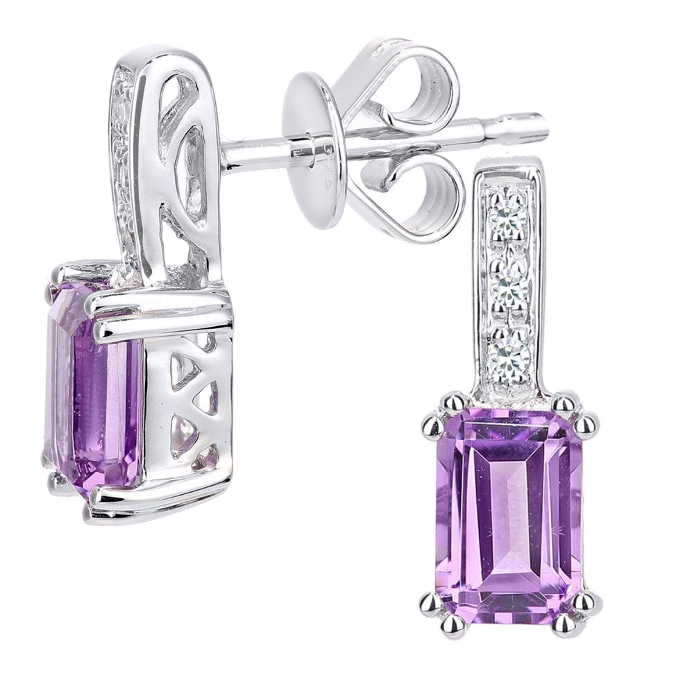SPARKLD 9ct White Gold Octagon Amethyst and 0.03ct Diamond Drop Earrings