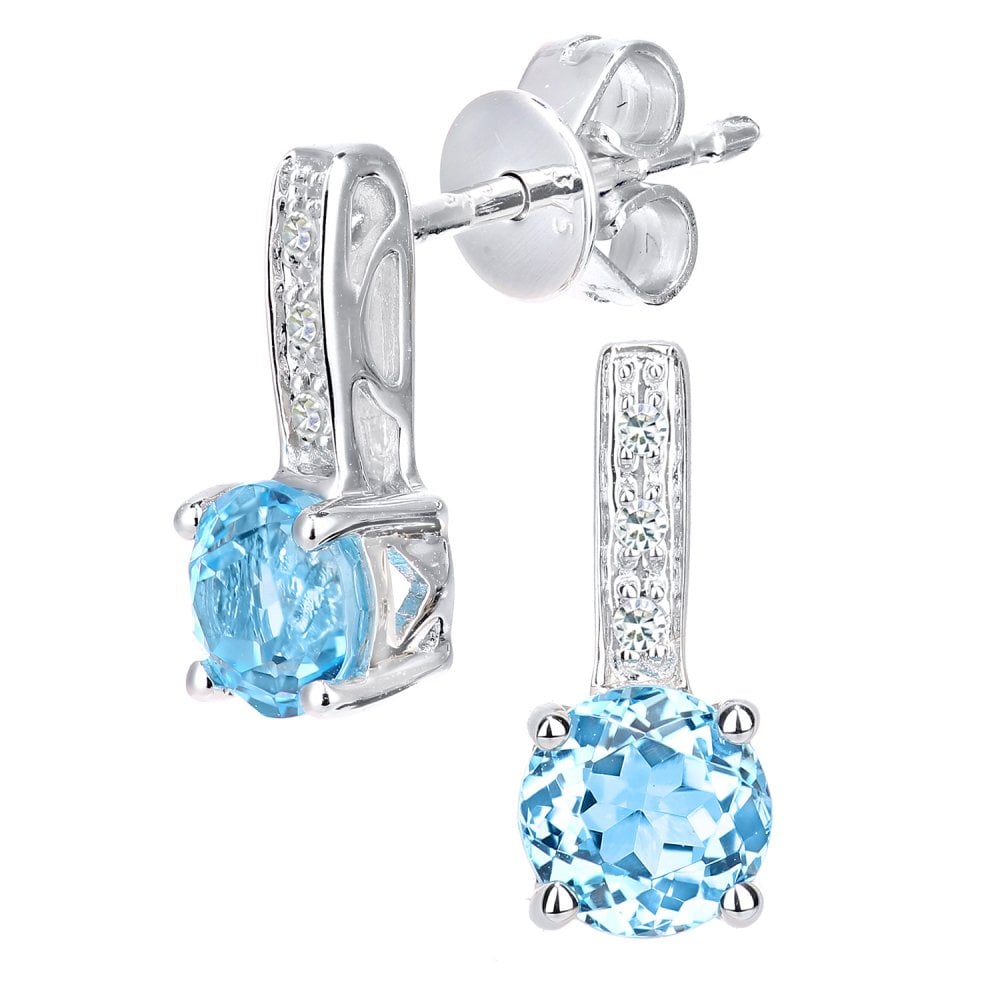 SPARKLD 9ct White Gold Blue Topaz and 0.03ct Diamond Drop Earrings