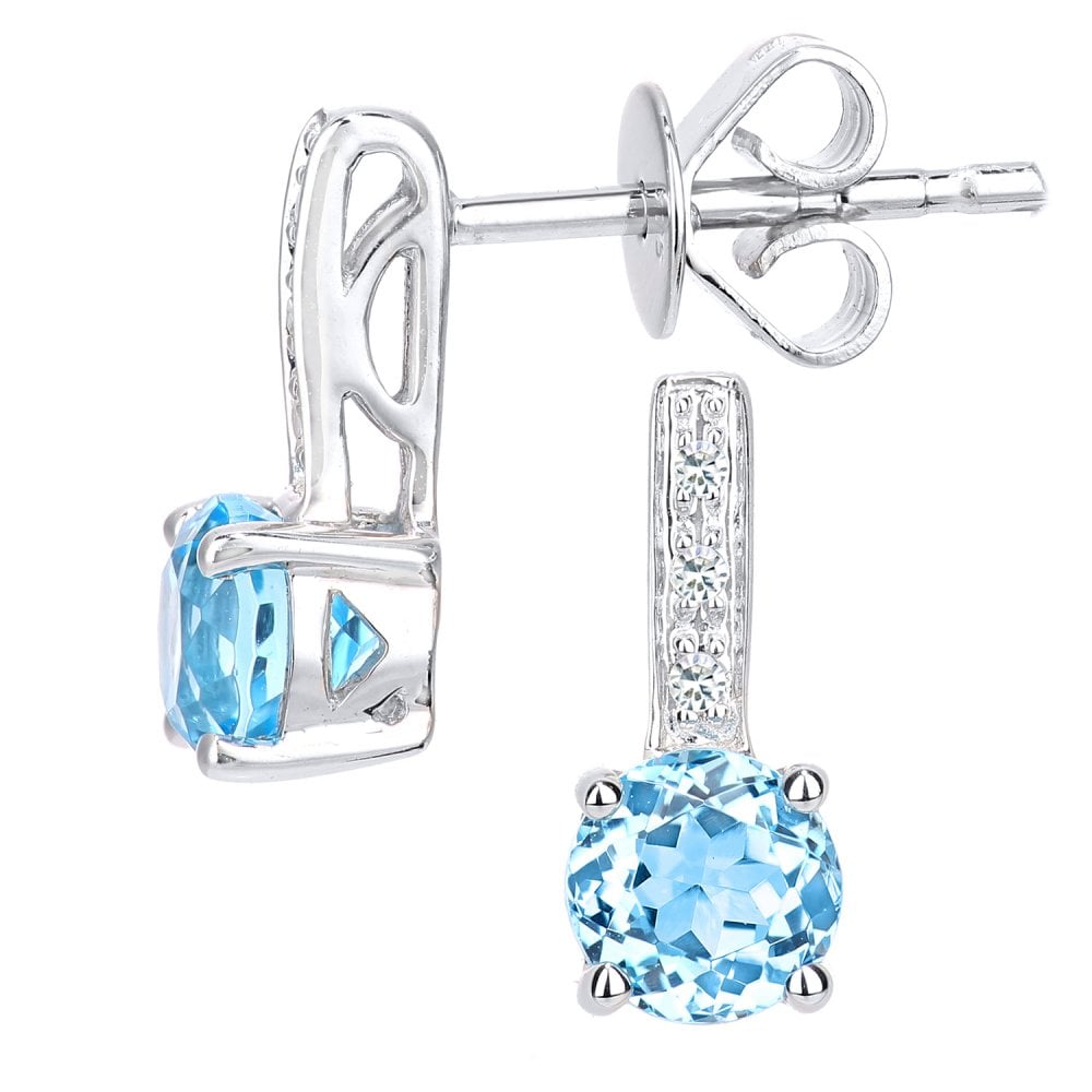SPARKLD 9ct White Gold Blue Topaz and 0.03ct Diamond Drop Earrings