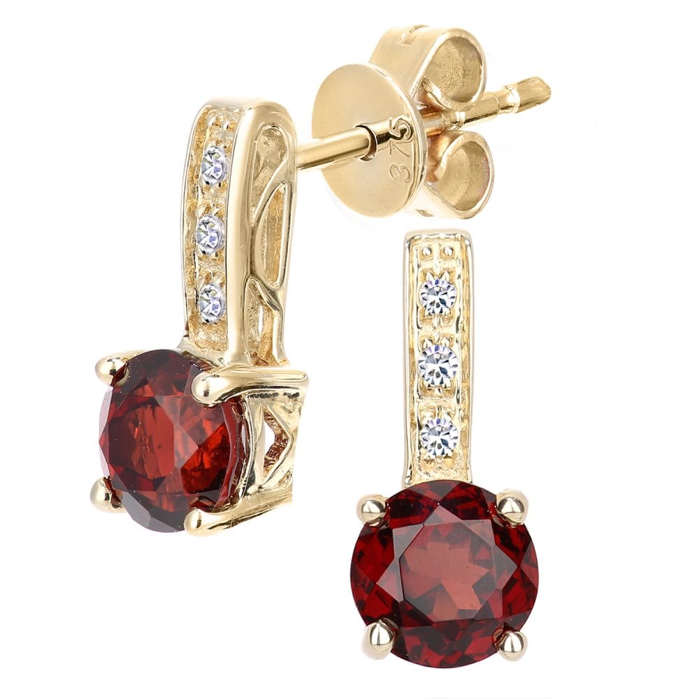 SPARKLD 9ct Yellow Gold Garnet and 0.03ct Diamond Drop Earrings