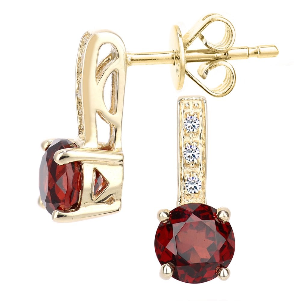 SPARKLD 9ct Yellow Gold Garnet and 0.03ct Diamond Drop Earrings