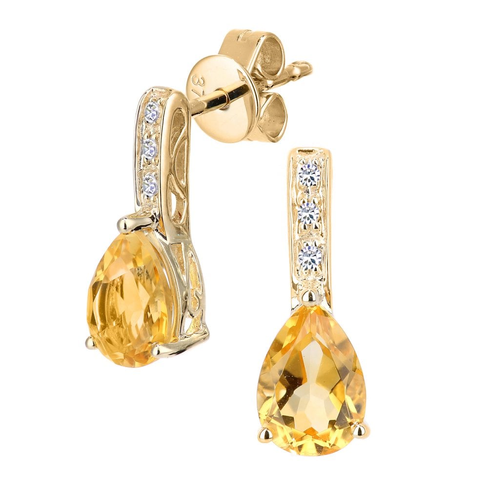 SPARKLD 9ct Yellow Gold 0.03ct Diamond and Citrine Gemstone Teardrop Cut Drop Earrings