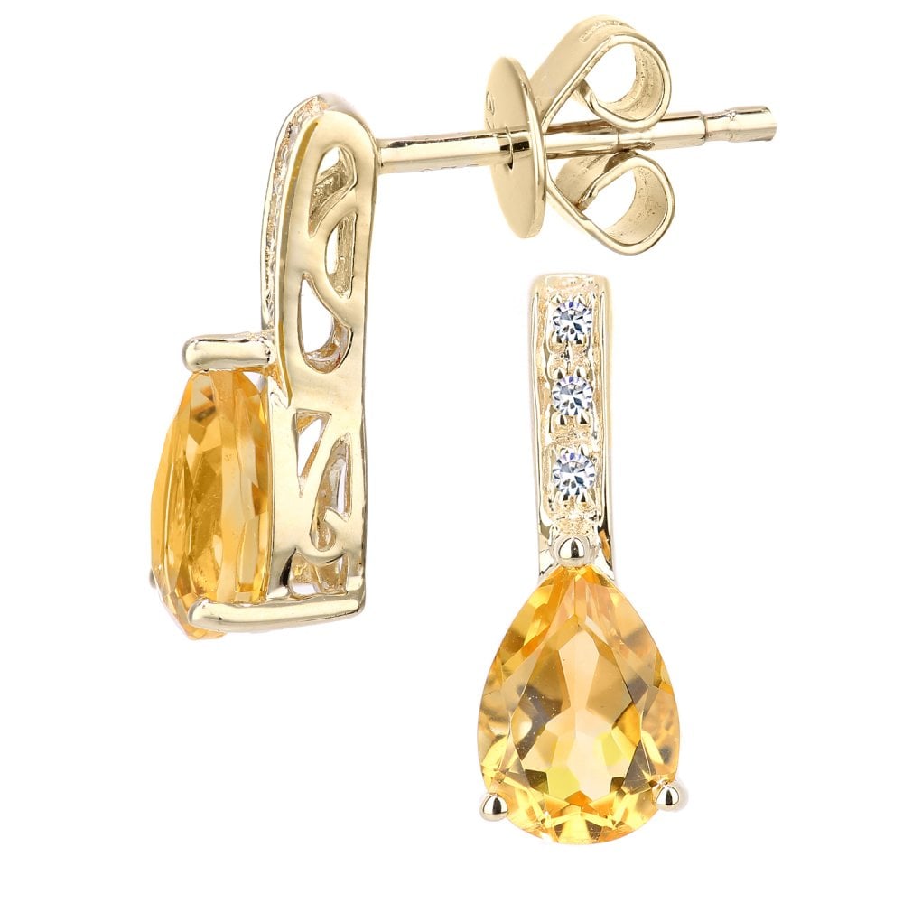 SPARKLD 9ct Yellow Gold 0.03ct Diamond and Citrine Gemstone Teardrop Cut Drop Earrings