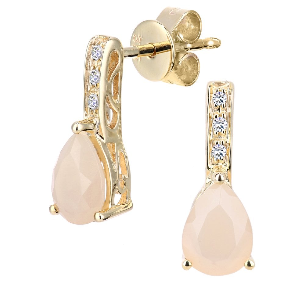 SPARKLD 9ct Yellow Gold Pink Opal Teardrop 0.03ct Diamond Drop Earrings