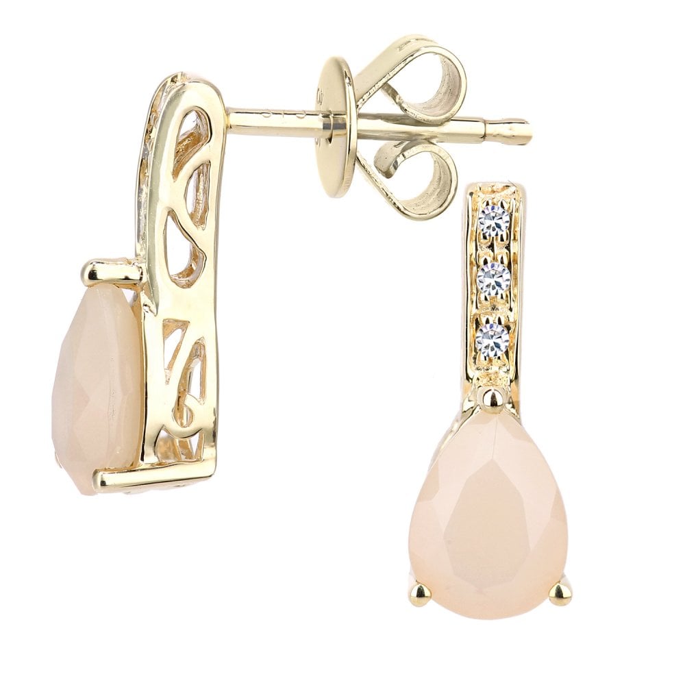 SPARKLD 9ct Yellow Gold Pink Opal Teardrop 0.03ct Diamond Drop Earrings