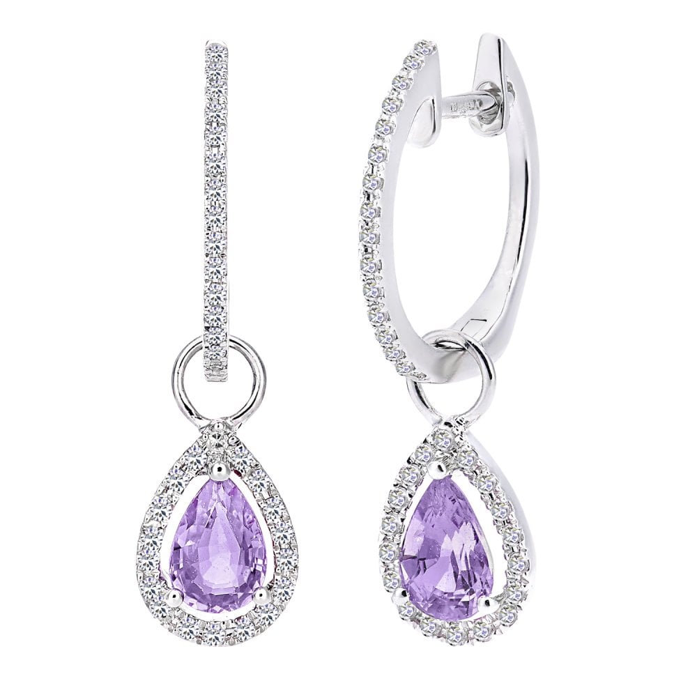 SPARKLD 9ct White Gold 0.18ct Diamond and Amethyst Teardrop Hoop Earrings