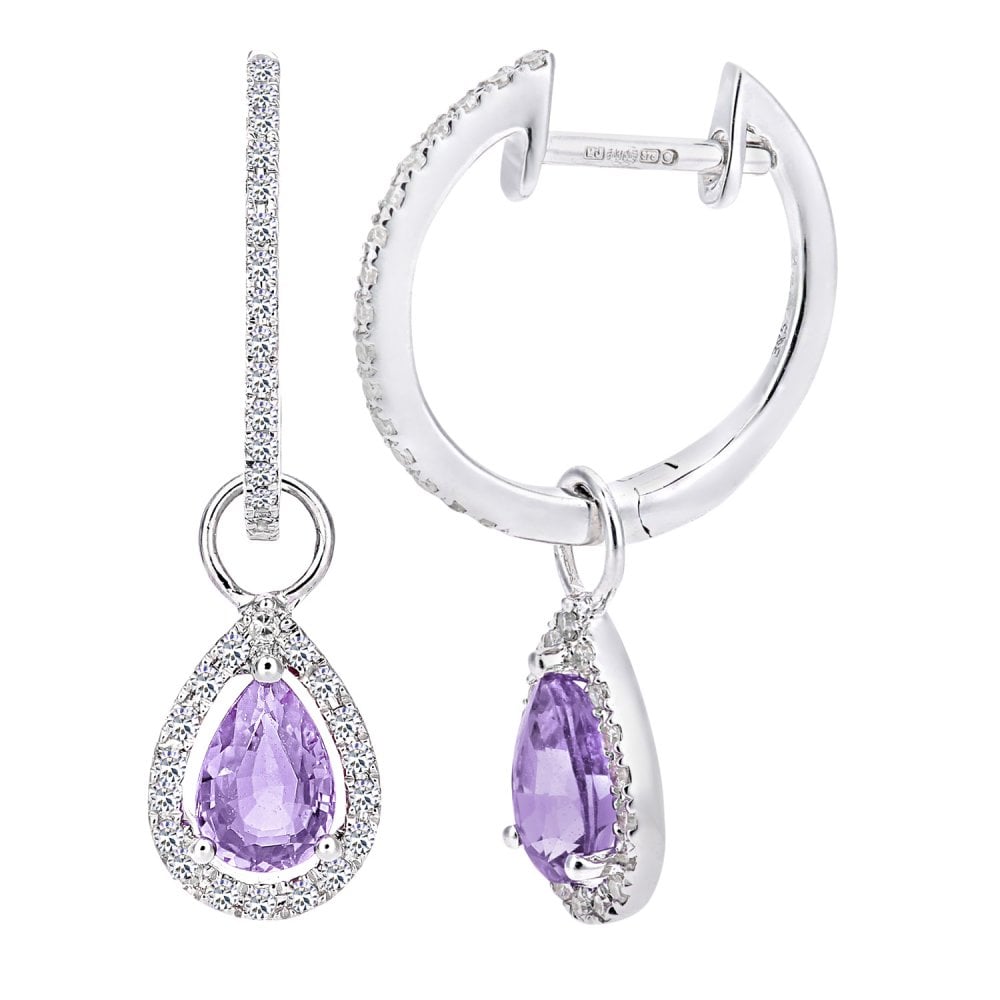 SPARKLD 9ct White Gold 0.18ct Diamond and Amethyst Teardrop Hoop Earrings