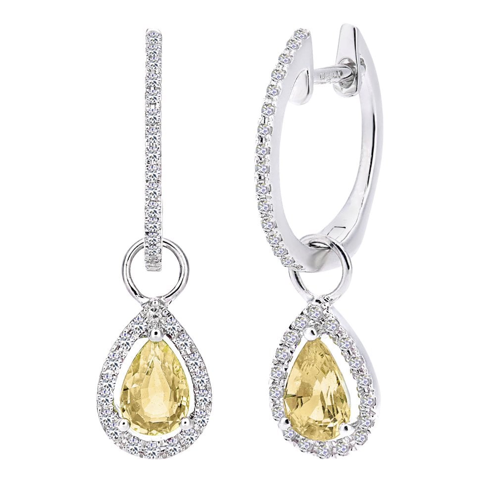SPARKLD 9ct White Gold 0.18ct Diamond and Citrine Teardrop Hoop Earrings