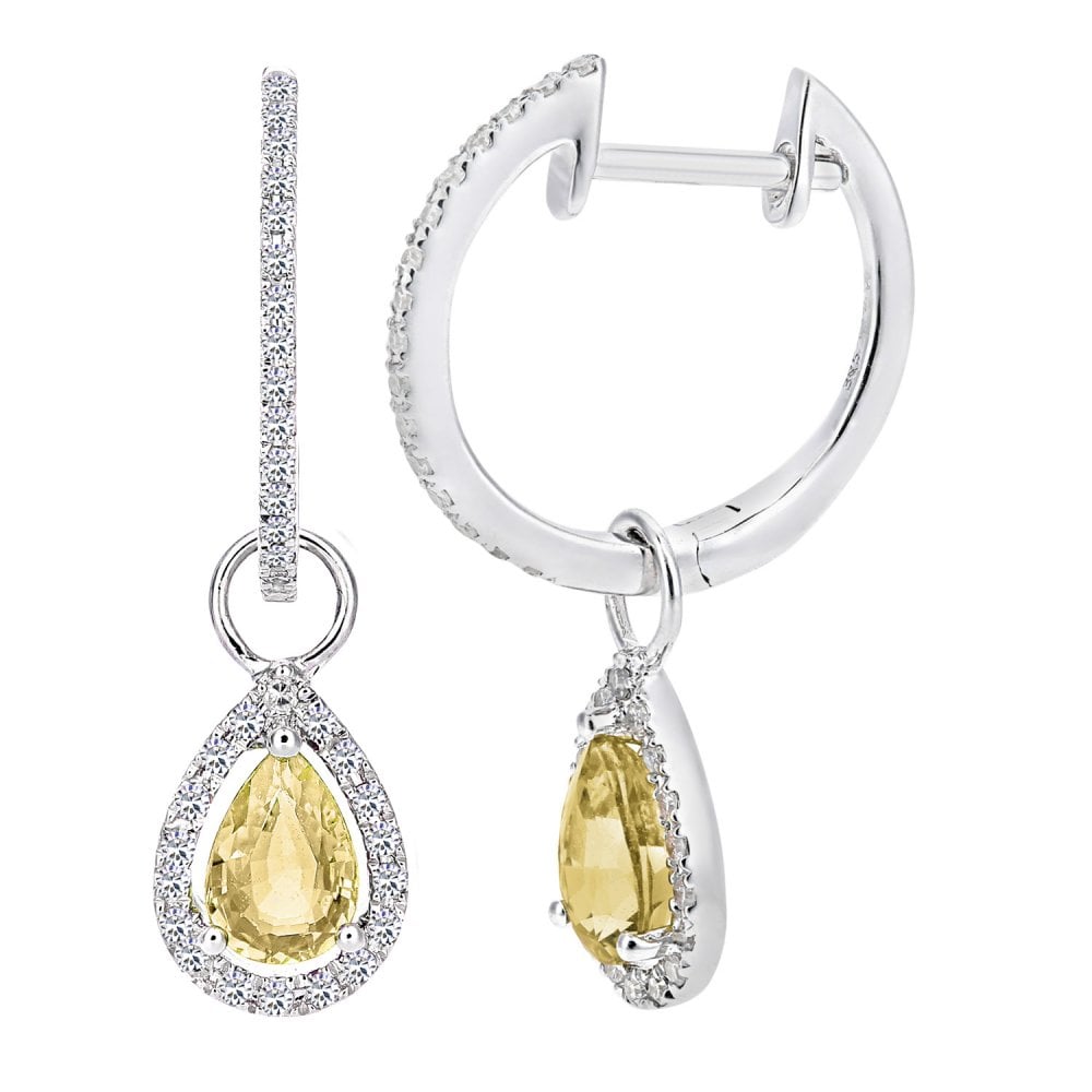 SPARKLD 9ct White Gold 0.18ct Diamond and Citrine Teardrop Hoop Earrings