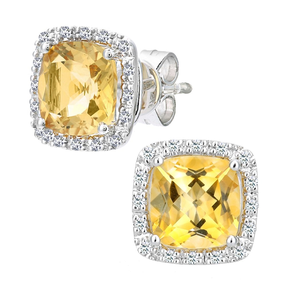 SPARKLD 9ct White Gold 0.1ct Diamond and Citrine Square Stud Earrings DE1681WCT