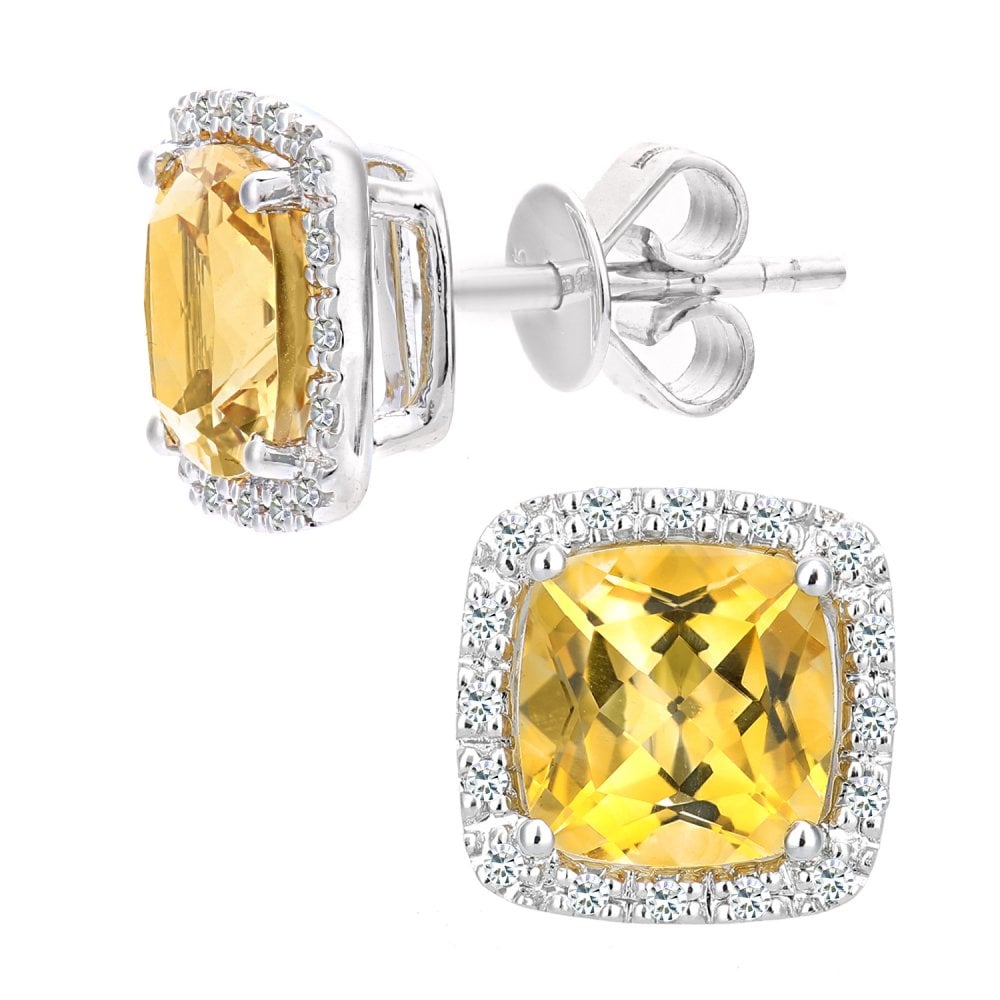 SPARKLD 9ct White Gold 0.1ct Diamond and Citrine Square Stud Earrings DE1681WCT