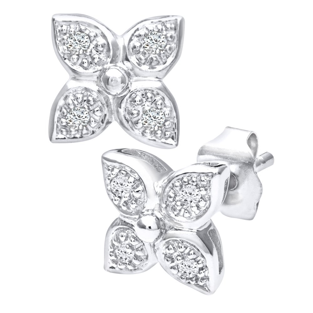 SPARKLD 9ct White Gold 0.05ct Diamond Flower Stud Earrings