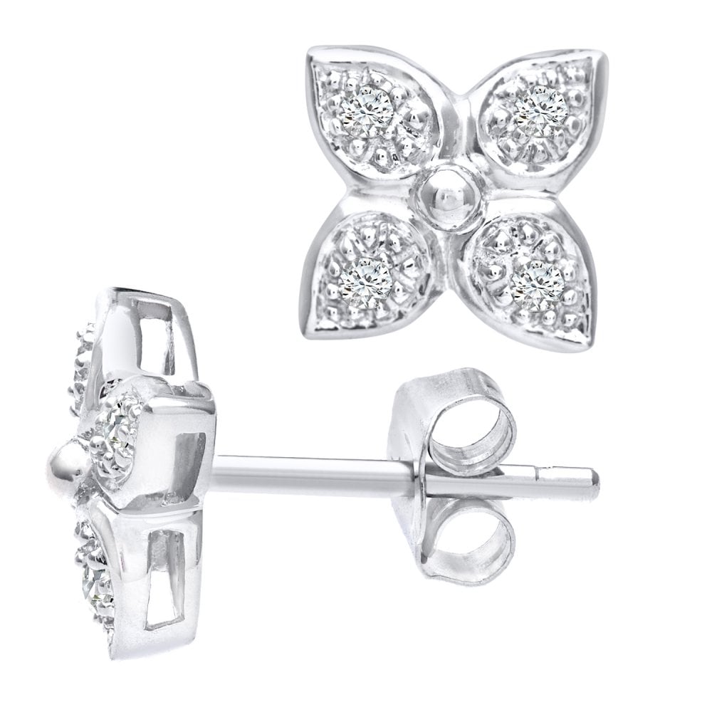 SPARKLD 9ct White Gold 0.05ct Diamond Flower Stud Earrings