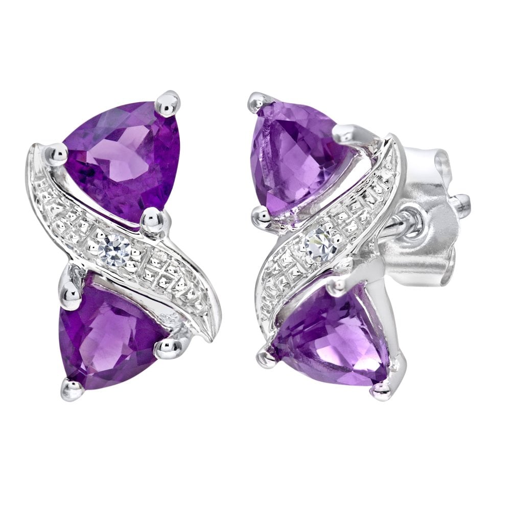 SPARKLD 9ct White Gold Triangle Amethyst and 0.01ct Diamond Stud Earrings