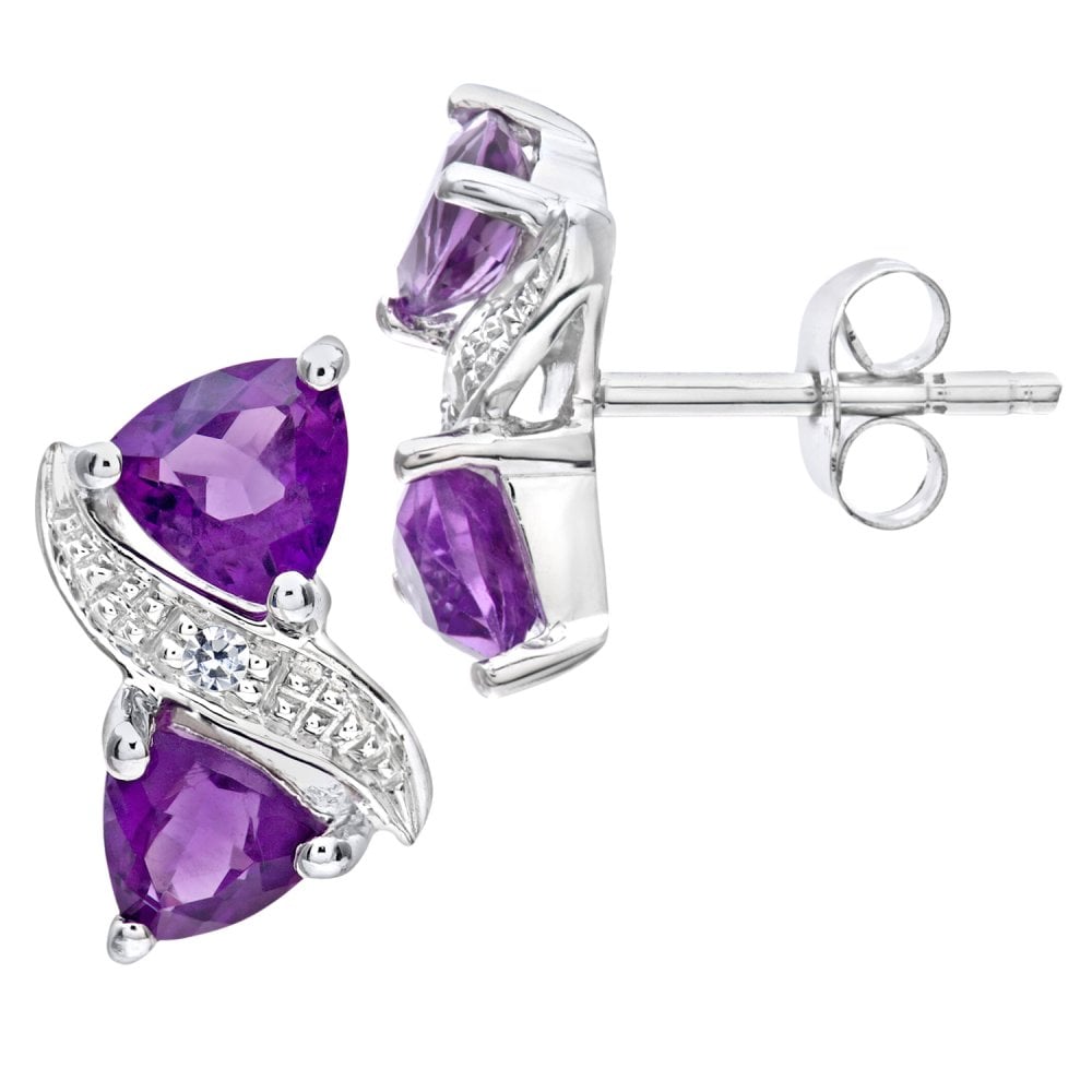 SPARKLD 9ct White Gold Triangle Amethyst and 0.01ct Diamond Stud Earrings