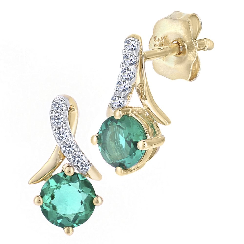 SPARKLD 9ct Yellow Gold Created Emerald and 0.05ct Diamond Crossover Stud Earrings