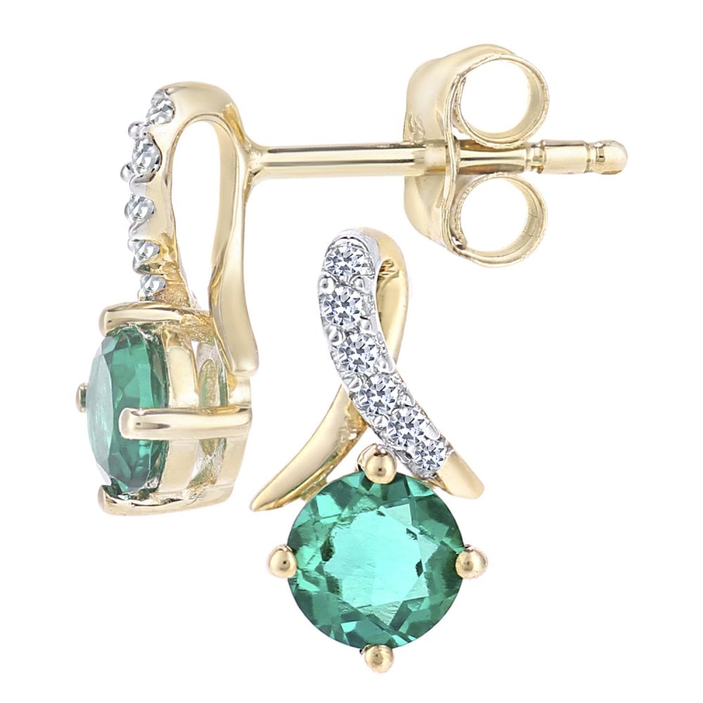SPARKLD 9ct Yellow Gold Created Emerald and 0.05ct Diamond Crossover Stud Earrings