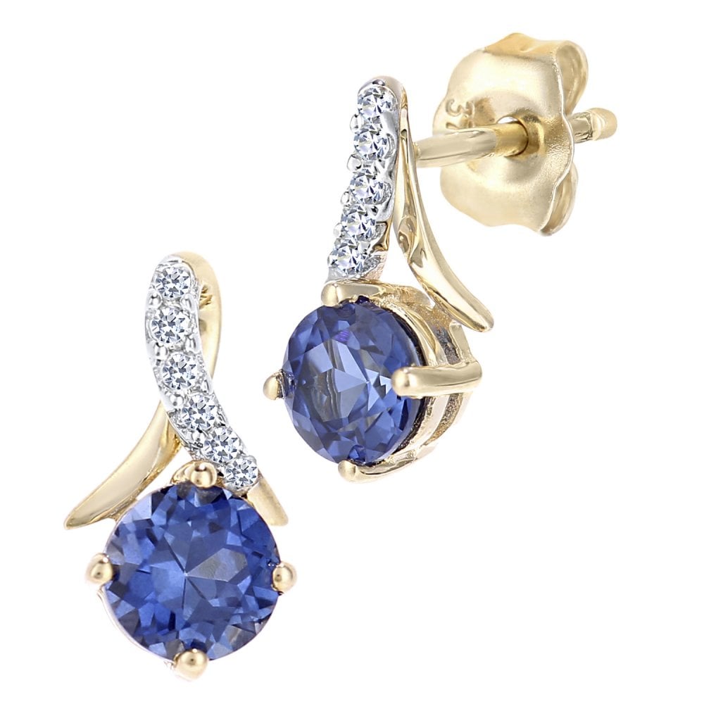 SPARKLD 9ct Yellow Gold Created Tanzanite and 0.05ct Diamond Crossover Stud Earrings