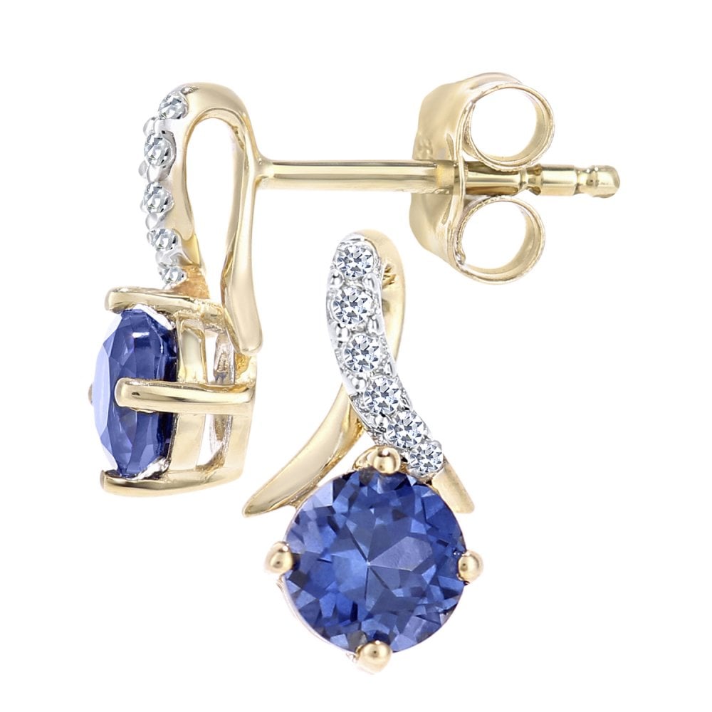 SPARKLD 9ct Yellow Gold Created Tanzanite and 0.05ct Diamond Crossover Stud Earrings