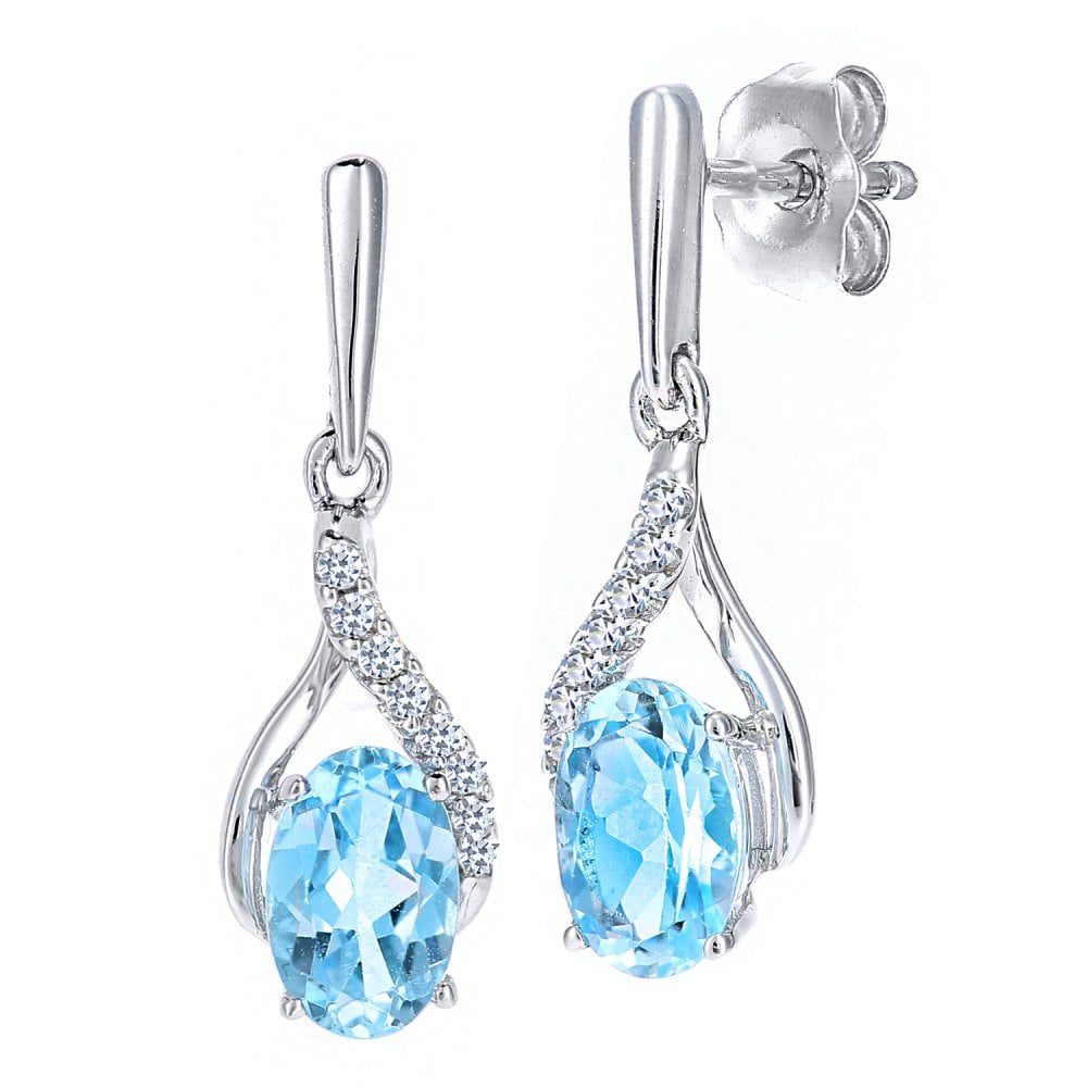 SPARKLD 9ct White Gold Oval Blue Topaz Crossover 0.05ct Diamond Drop Earrings